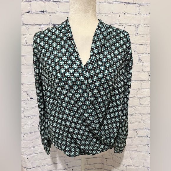 Pleione faux wrap blouse abstract tab sleeves Small - Picture 1 of 7